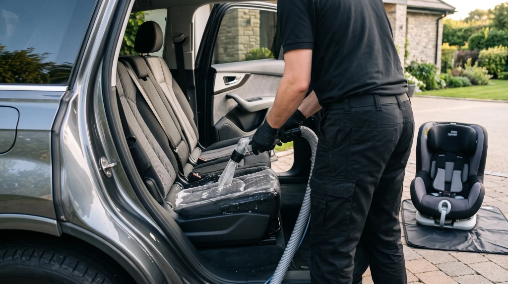 Nettoyage siège voiture en tissu à la shampouineuse par un professionnel