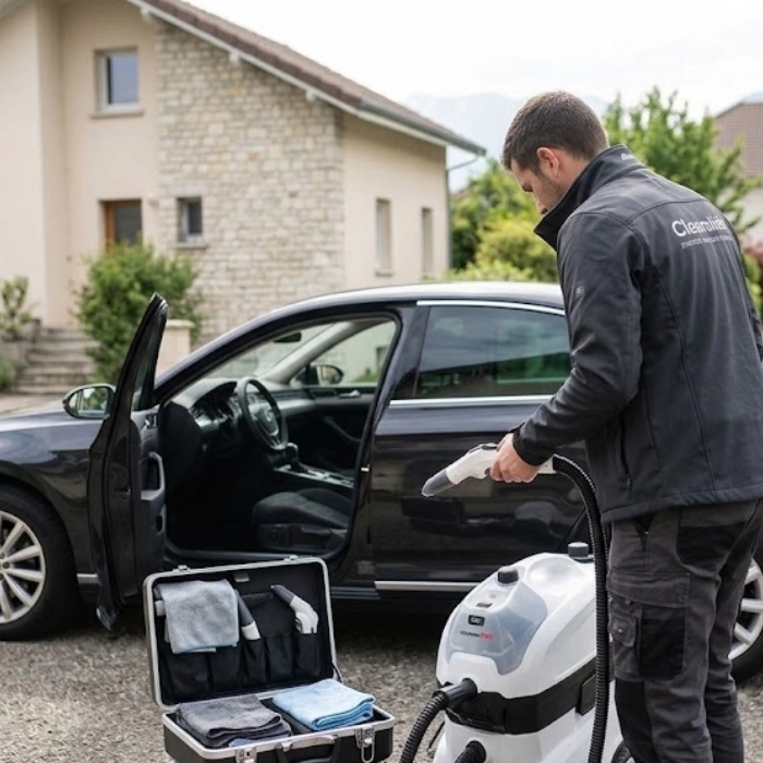 Intervention de nettoyage intérieur de voiture à domicile devant une maison