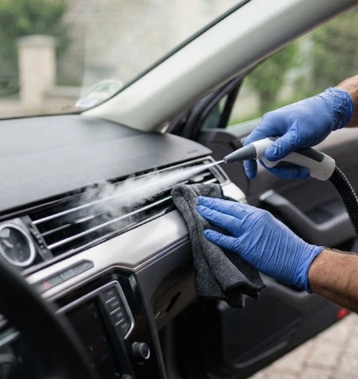 Buse vapeur nettoyant les aérations du tableau de bord d’une voiture